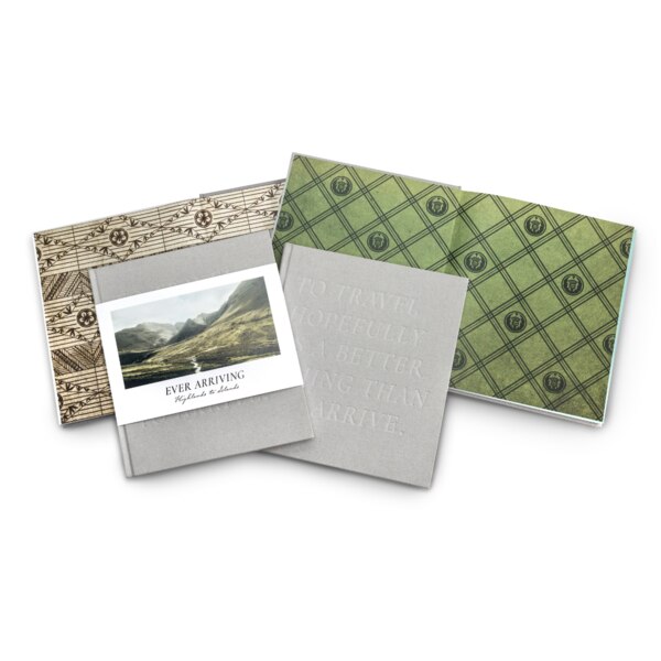 The book "Ever Arriving Highlands to Islands" showing both the front and back inside covers with a scottish pattern and Samoan pattern, showing the front of the book with/without the dust cover